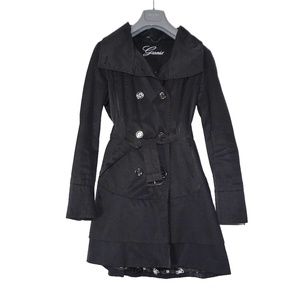Guess Classic Black Trench Coat With Ruffle Bottom Small